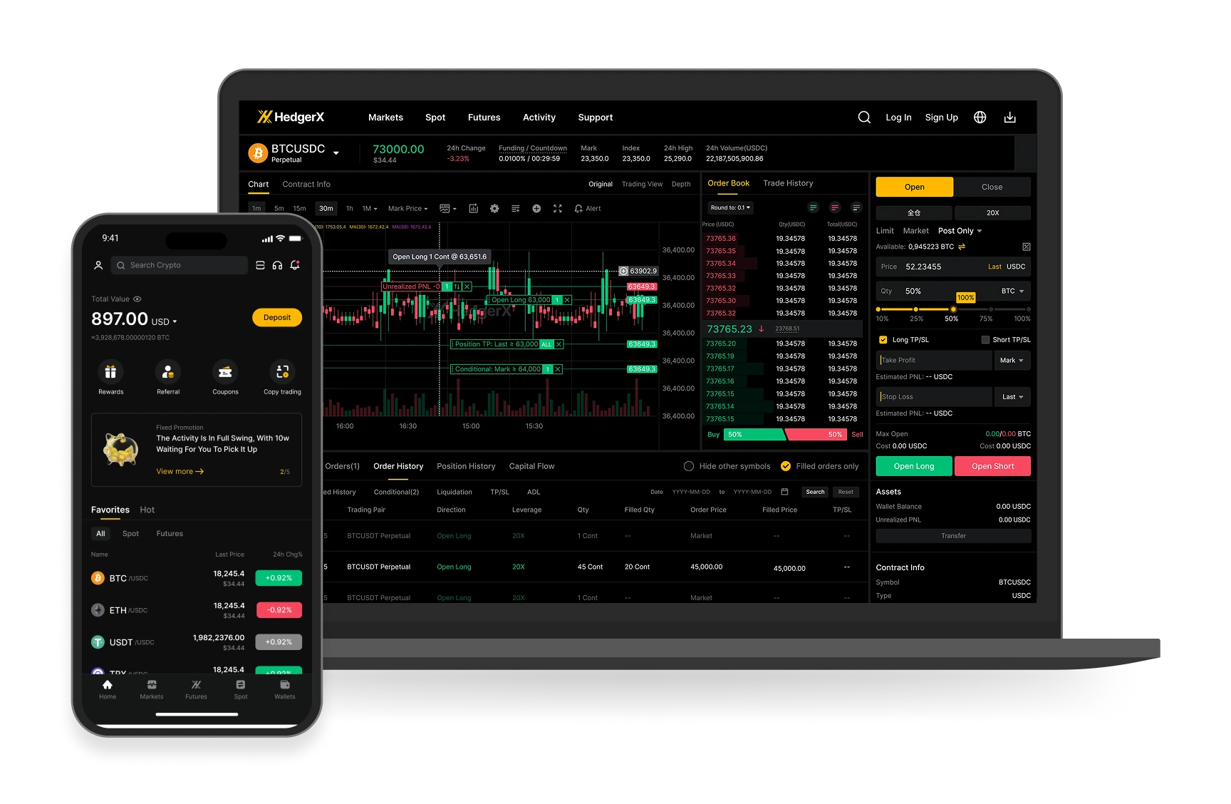 Plataforma HedgerX exibida em celular e computador